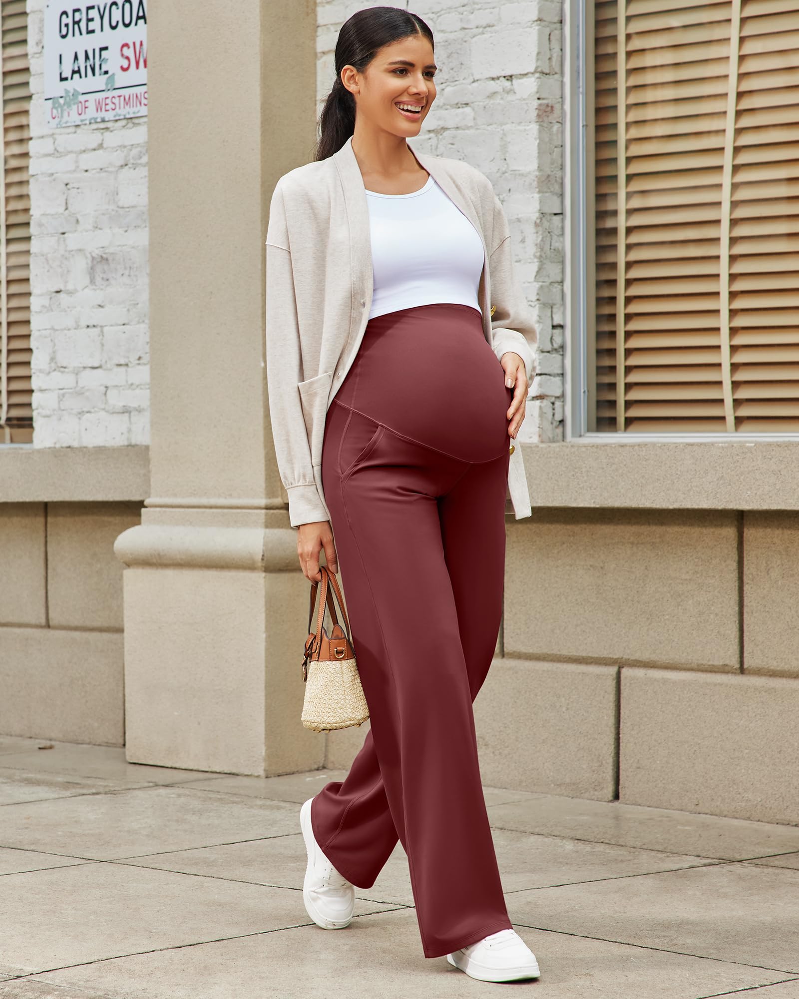 G4Free Maternity Lounge Pants Yoga Wide Leg Stretchy,Dark Burgundy,XS,Tall