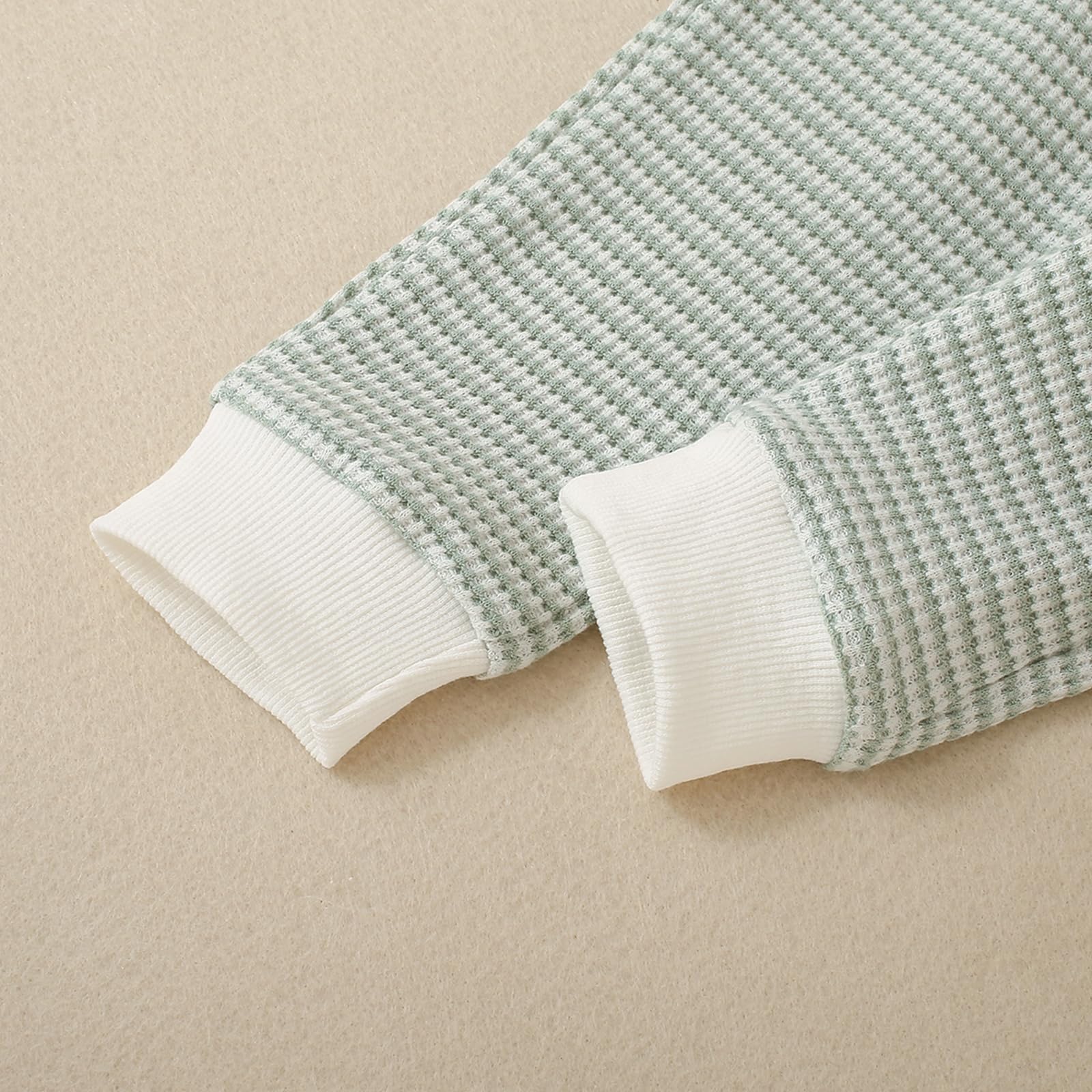 Fufuriprefer Toddler Baby Boy Fall Clothes Waffle outfit Long Sleeve Top Jogger Pant Set (White Green, 6-12 Months)
