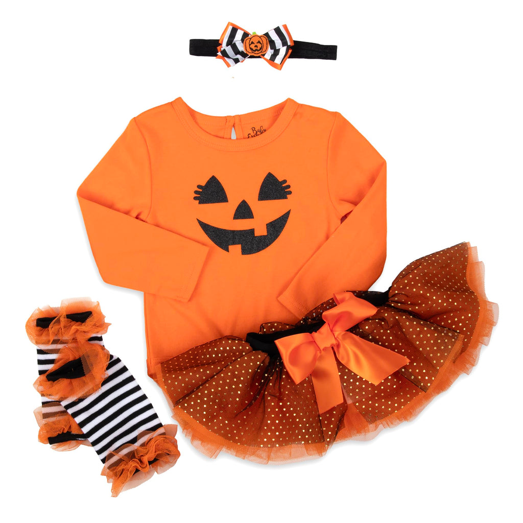 Baby Girl Halloween Outfit 4-Piece Pumpkin Set – Jack-O’-Lantern Bodysuit, Striped Pants, Tutu Skirt & Headband (9 months)
