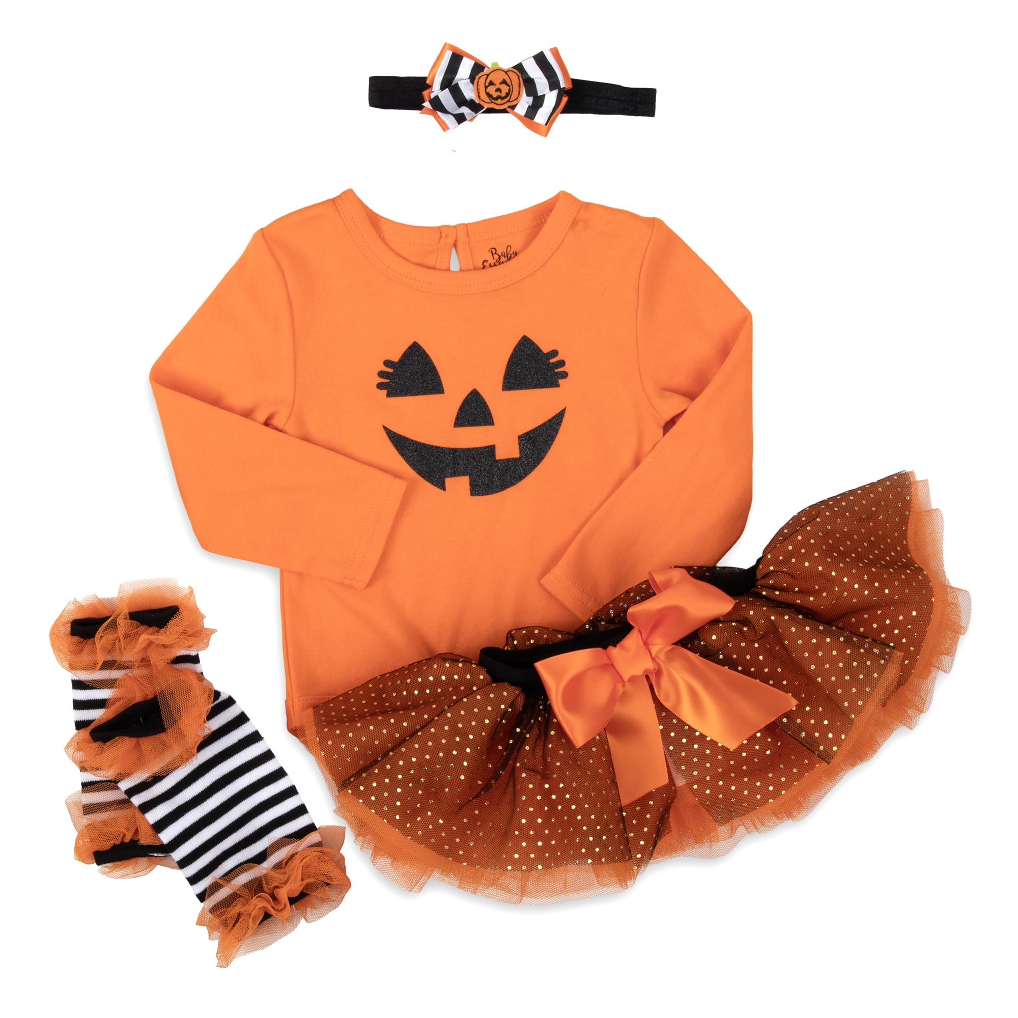Baby Girl Halloween Outfit 4-Piece Pumpkin Set – Jack-O’-Lantern Bodysuit, Striped Pants, Tutu Skirt & Headband (9 months)