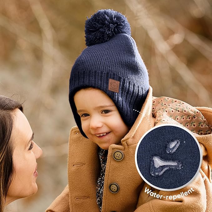 Baby Beanies, Baby Hats for Boys, Girls - Cute Toddler Winter Hat, Soft & Stretchy Beanies for Infant, Newborn 6-36 months, Cozy & Warm with Earflap Muff & Pom (Cream)