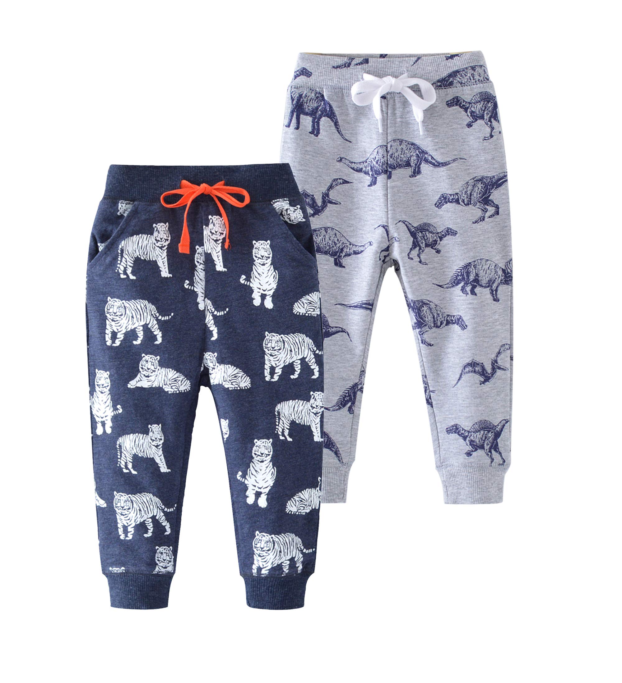 HUAER& Baby Boy's Jogger Pants Dinosaur Car Animal Print Drawstring Elastic Waist Sweatpants Cotton Toddler Athletic Pants 2-PCS((Tiger + Dinosaur,2-3T)