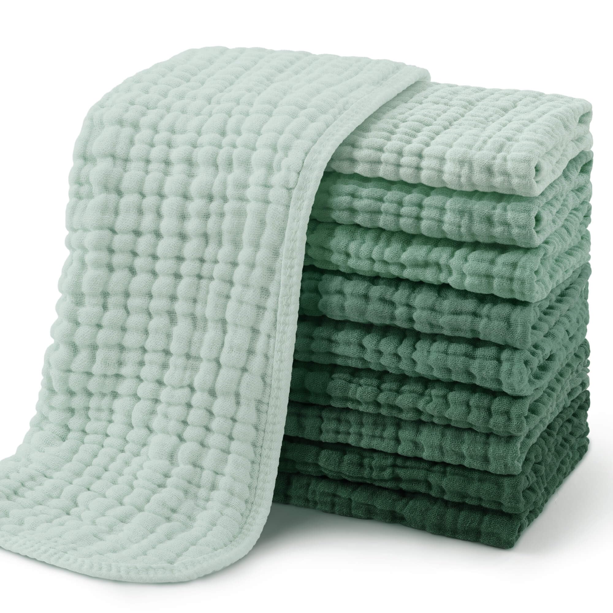 Yoofoss Muslin Burp Cloths for Baby 10 Pack 100% Organic Cotton Baby Washcloths for Boys Girls Large 20''X10'' Super Soft and Absorbent Gradient Green
