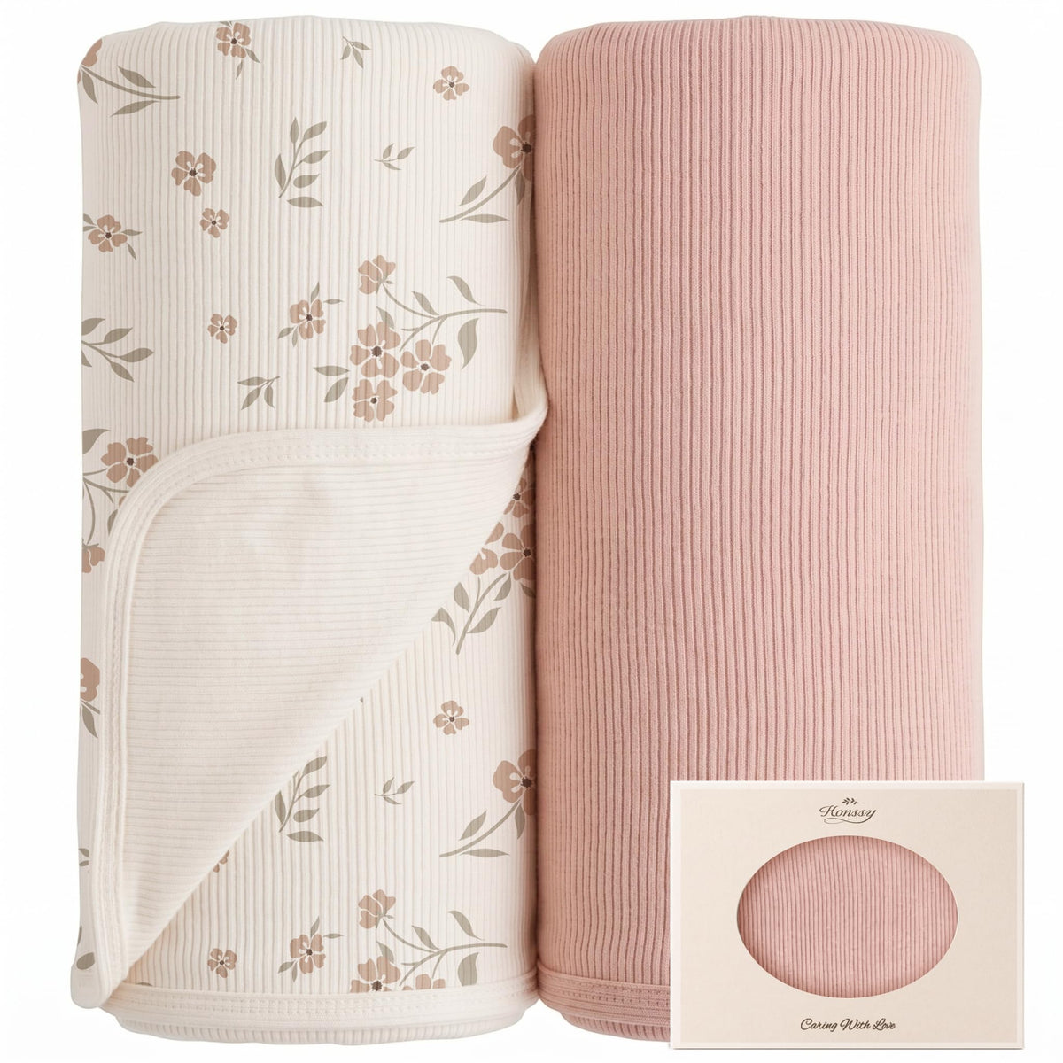 Konssy 2 Pack Ribbed Knit Swaddle Blankets for Baby Boys & Girls, 33"x42"