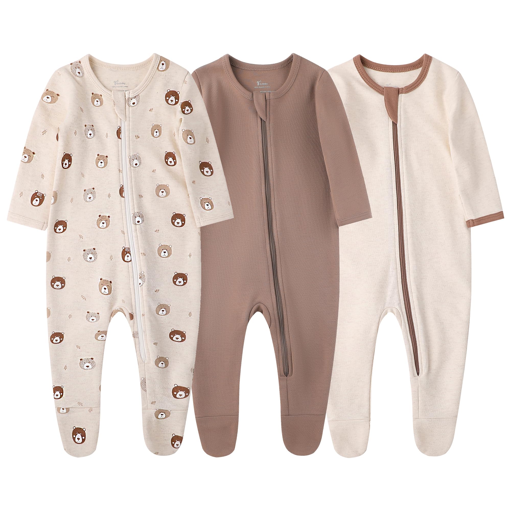 O2 BABY Baby Boys Girls Organic Cotton Zip Front Sleeper Pajamas, Footed Sleep 'n Play（3-6 Months, Brown & Bear & Oatmeal）