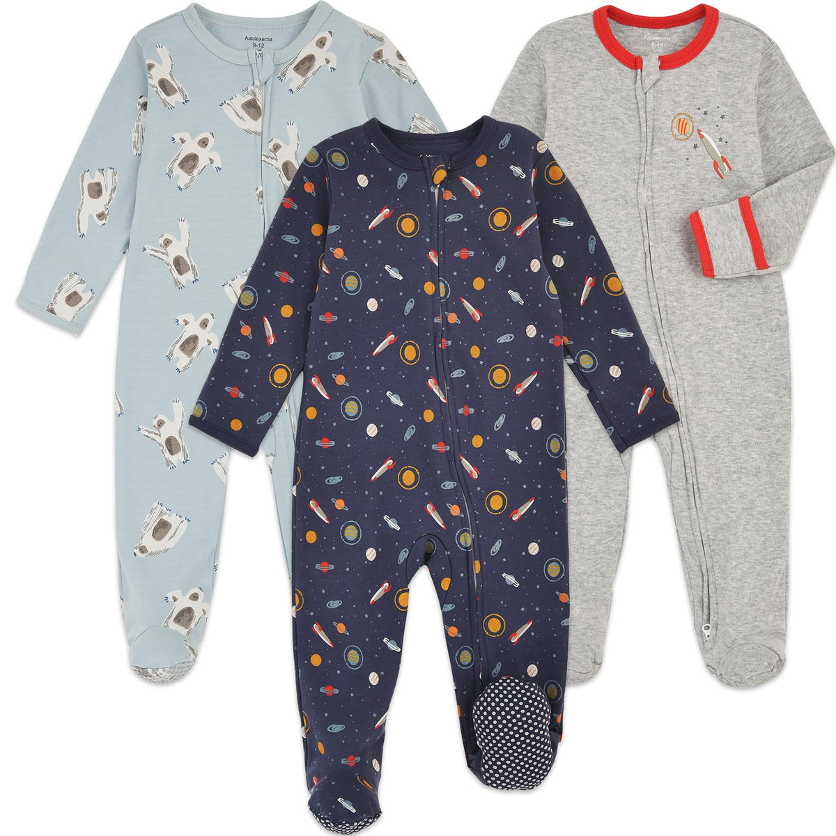Aablexema Baby Footie Pajamas with Mitten Cuffs, Double Zipper Infant Cotton clothes Sleeper Pjs, Footed Sleep Play (6-9m, Ivory & Grey & Blue)