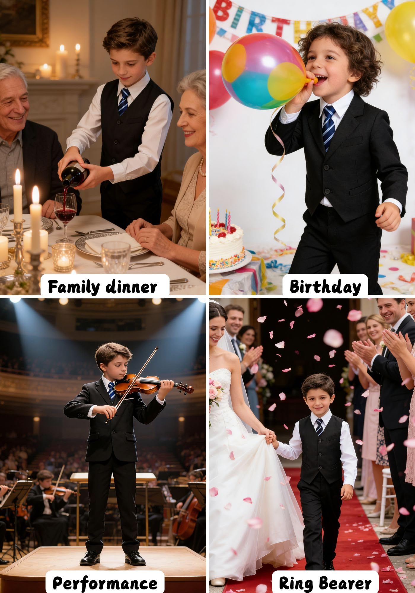 Suit for Boys Kids Suits Slim Fit Tuxedo Blazer Vest Pants Shirt and Tie Black Size 7