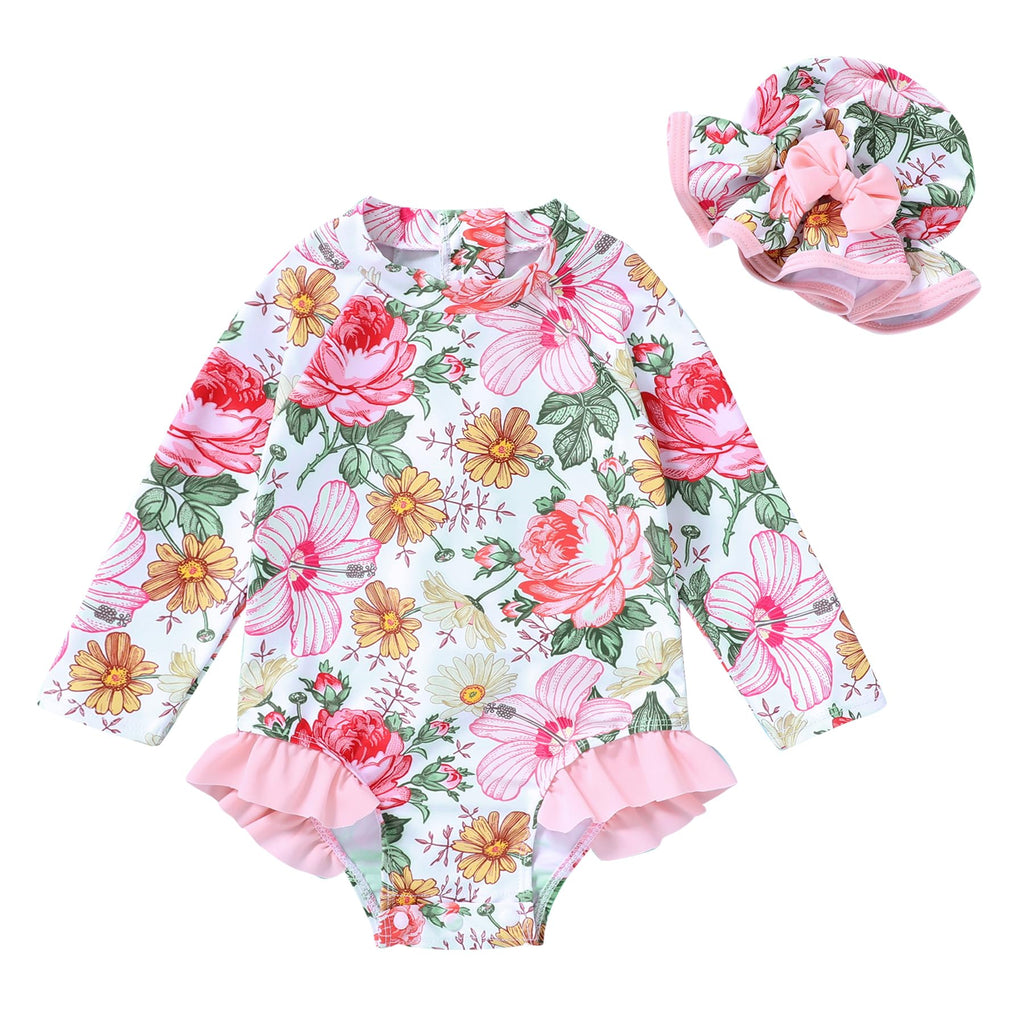 Infant Baby Girl Swimsuit One-Piece Long Sleeve Rash Guard with Hat Set Floral Zipper Bathing Suit Leopard Beach Wear(Flower 12-18 Months)