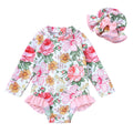 Infant Baby Girl Swimsuit One-Piece Long Sleeve Rash Guard with Hat Set Floral Zipper Bathing Suit Leopard Beach Wear(Flower 12-18 Months)