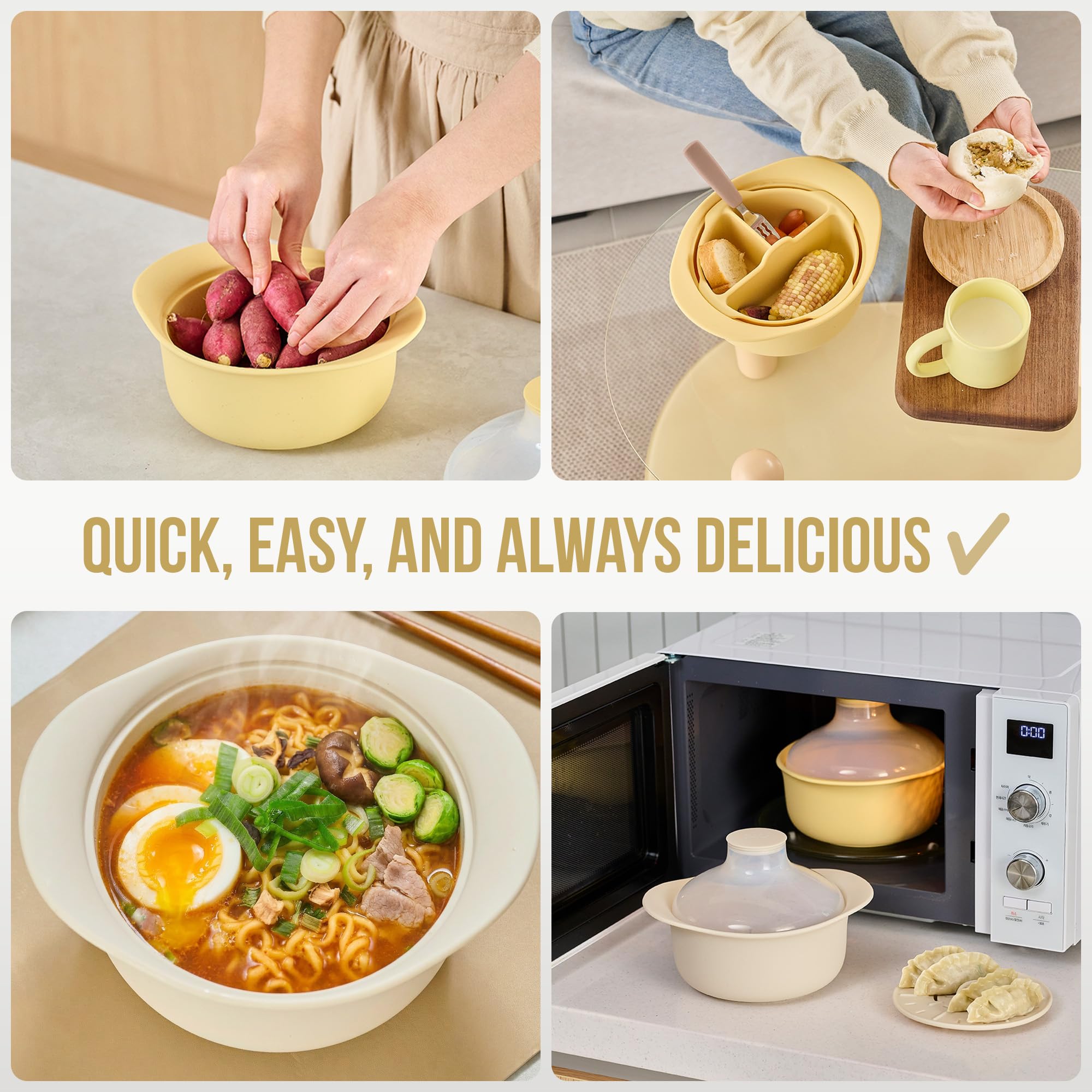 FIRGI 48oz Platinum Silicone 3 Compartmented Microwave Steamer Pot with Handle & Lid - Korean 100% Food-Grade Steamer Bowl, Heat-Resistant Cooker with Steam Holes, Easy Clean, Dishwasher Safe, Ivory