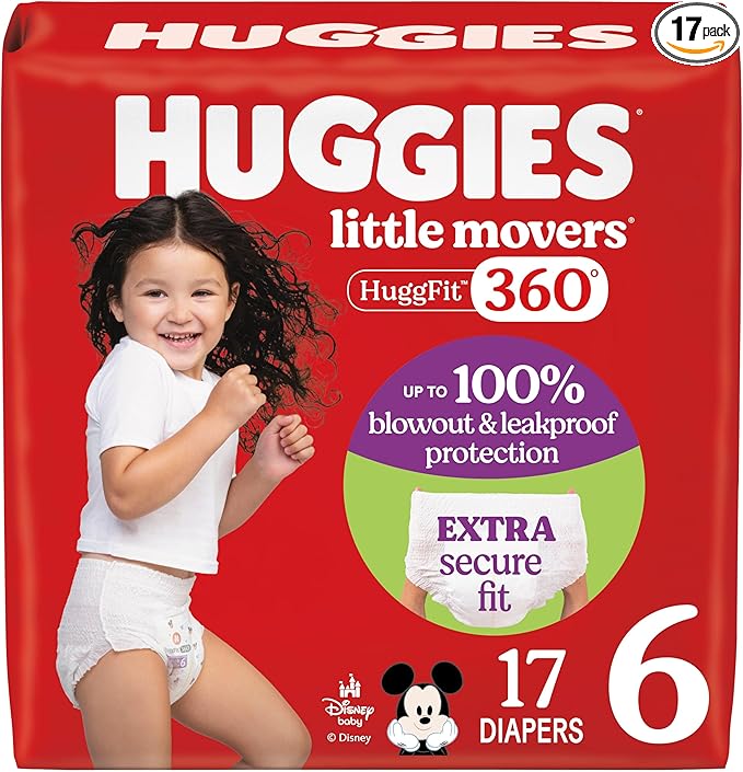 Huggies Size 6 Baby Diapers, Little Movers HuggFit 360° Baby Diapers with 360° Waistband, Size 6 (35+ lbs), 17 Count, Packaging May Vary