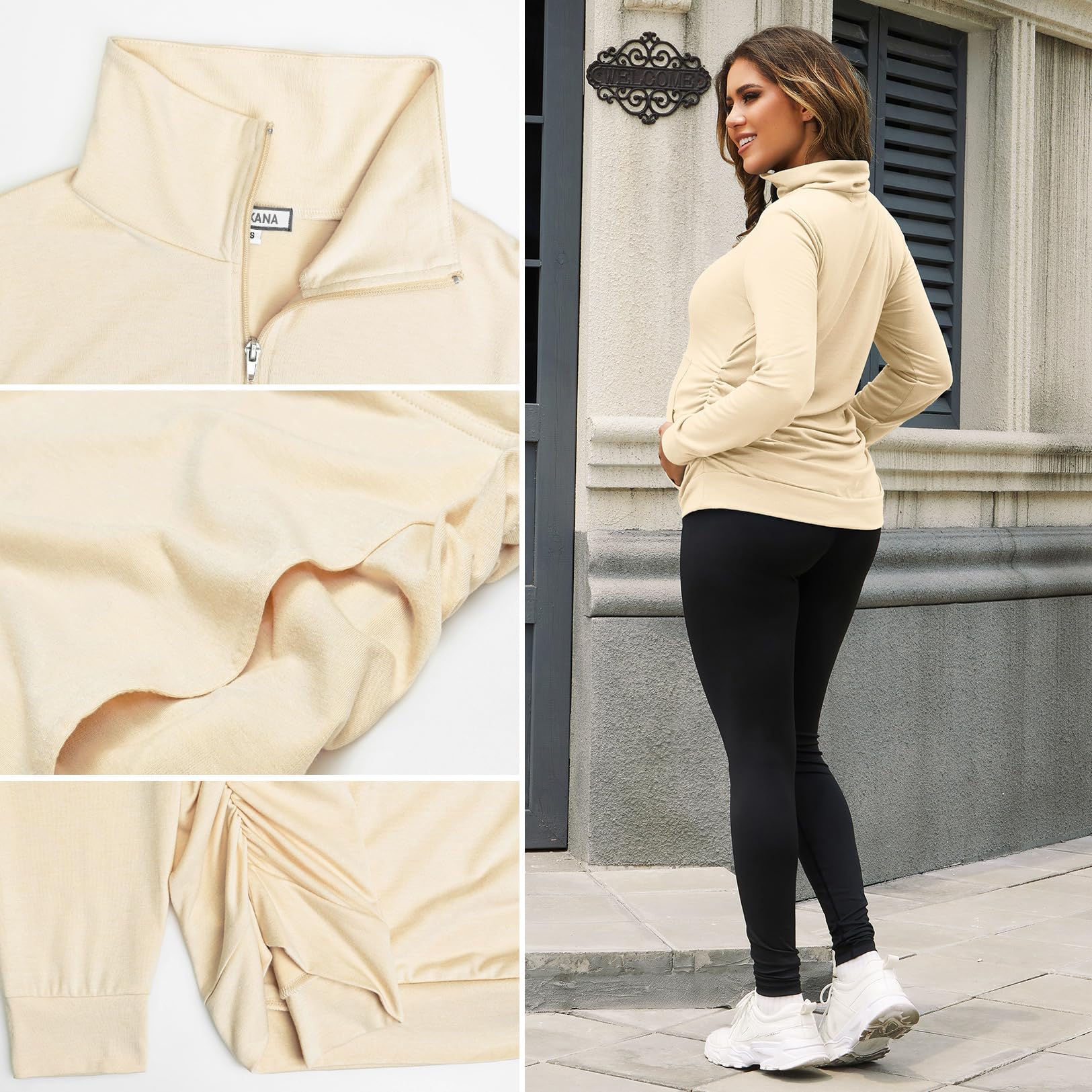 GINKANA Maternity Long Sleeve Shirts Half Zipper Lapel Lightweight Casual Maternity Tops with Pockets,Apricot,L