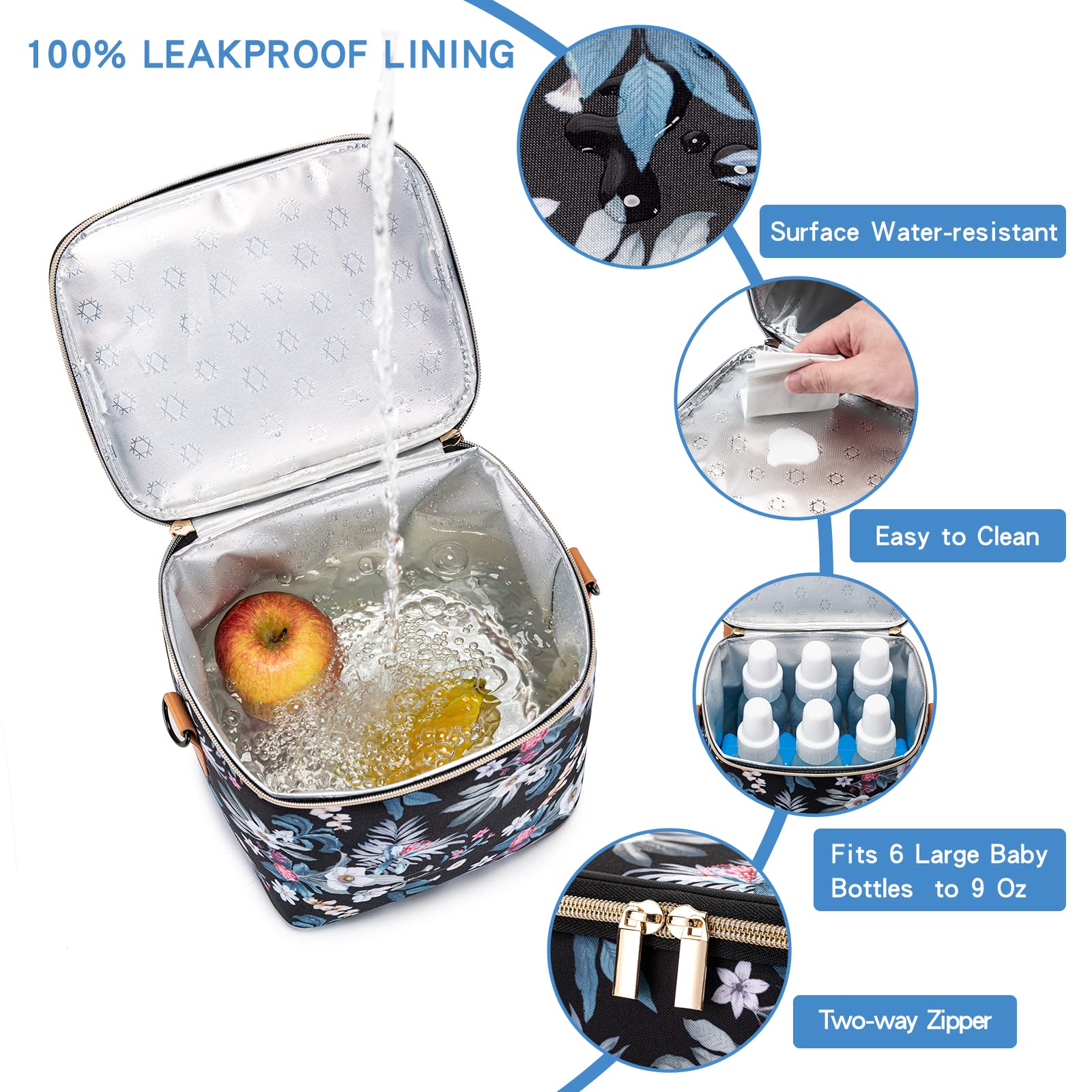 BABEYER Breastmilk Cooler Bag with Ice Pack Fits 6 Baby Bottles Up to 9 Ounce, Baby Bottle Bag with Shoulder Strap for Nursing Mom Daycare, Floral