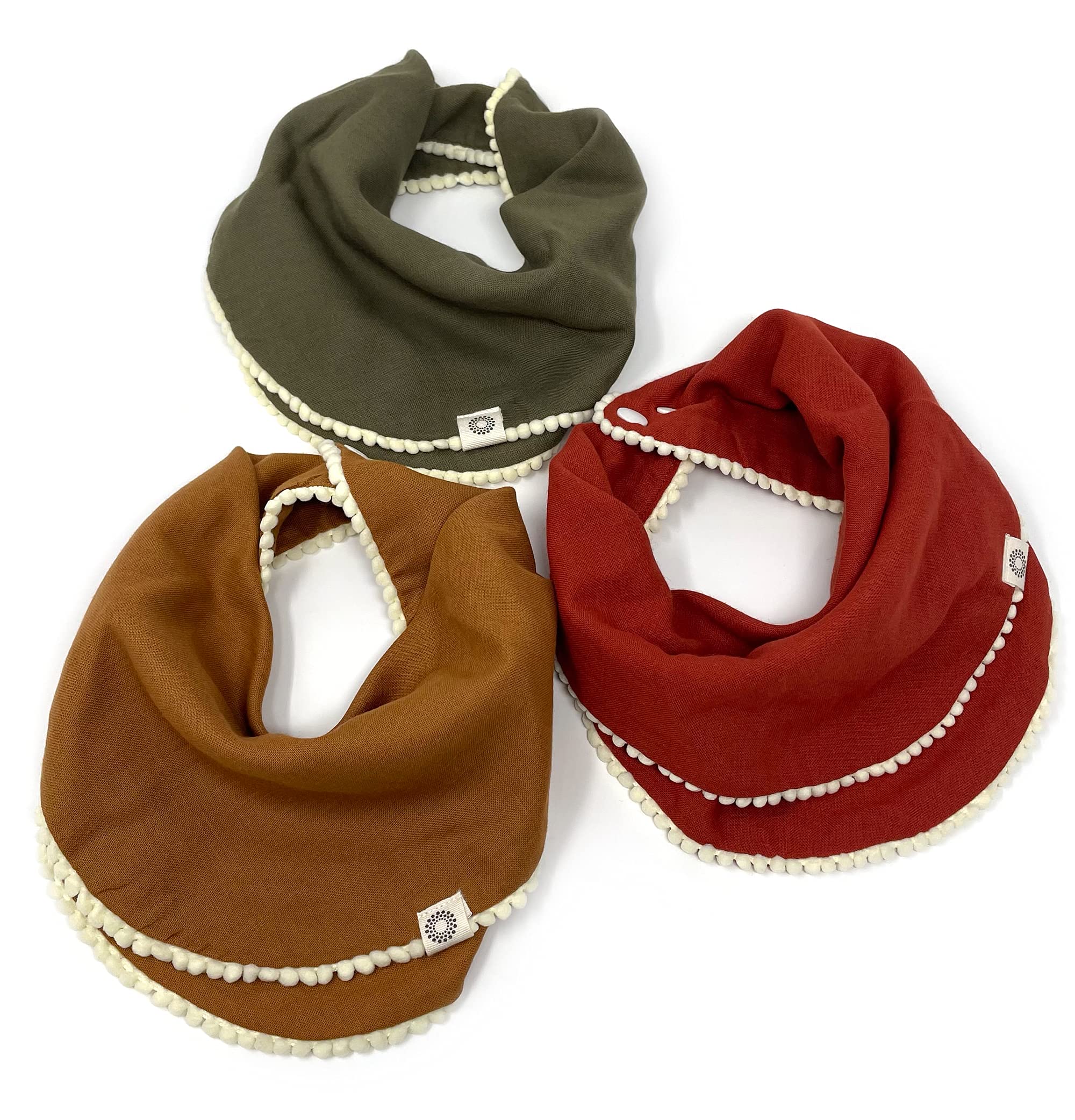 Kishu Baby Indi Fairtrade Certified Organic Infinity Scarf Bib Set - 4-Way Reversible, 8 Layer Muslin Drool Bibs (Rust, Caramel, Dark Olive)