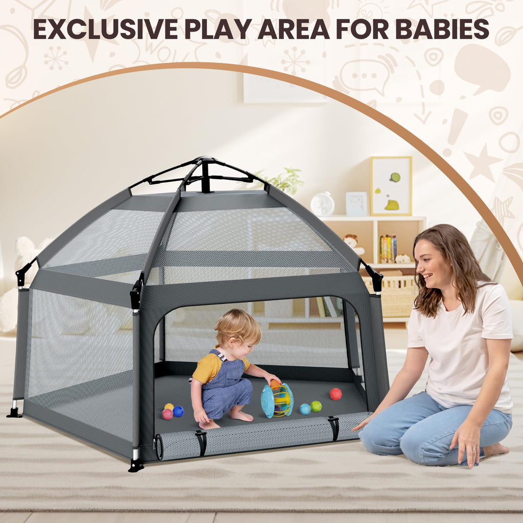 Baby Playpen with Self-Inflating Play Mat & Travel Bag, Portable Outdoor Playpen for Babies and Toddlers, Foldable Pop Up Play Tent for Home, Park, Beach and Camping (Grey)