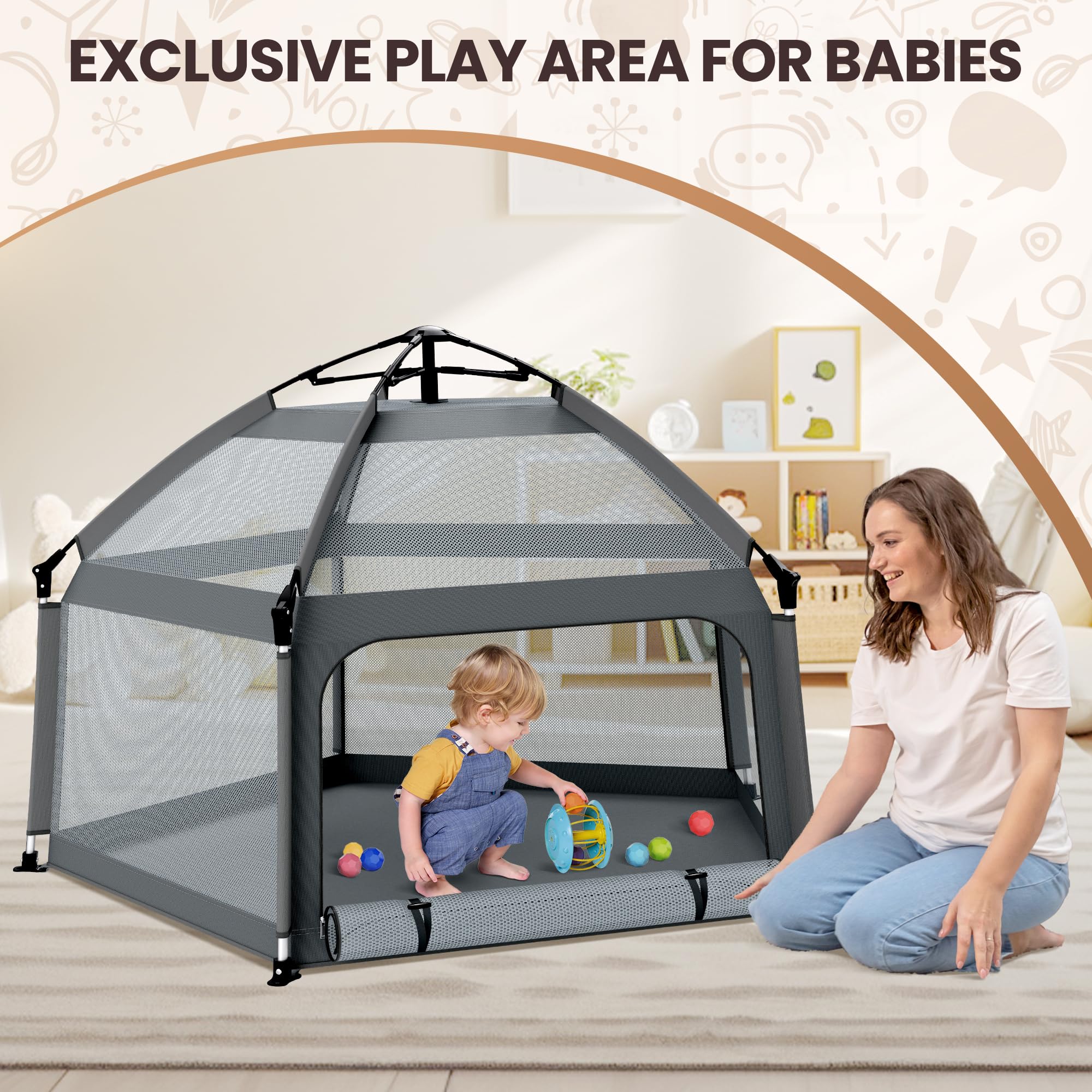 Baby Playpen with Self-Inflating Play Mat & Travel Bag, Portable Outdoor Playpen for Babies and Toddlers, Foldable Pop Up Play Tent for Home, Park, Beach and Camping (Grey)