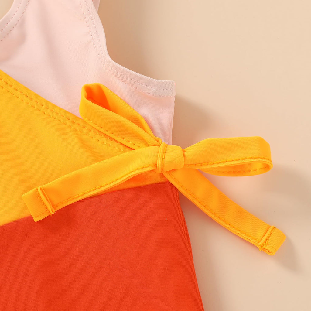 Happy Town Toddler Swimsuit Girl One Piece Bathing Suit Color Block Swimwear Baby Summer Beach Wear(6-7 Years,Yellow Orange)