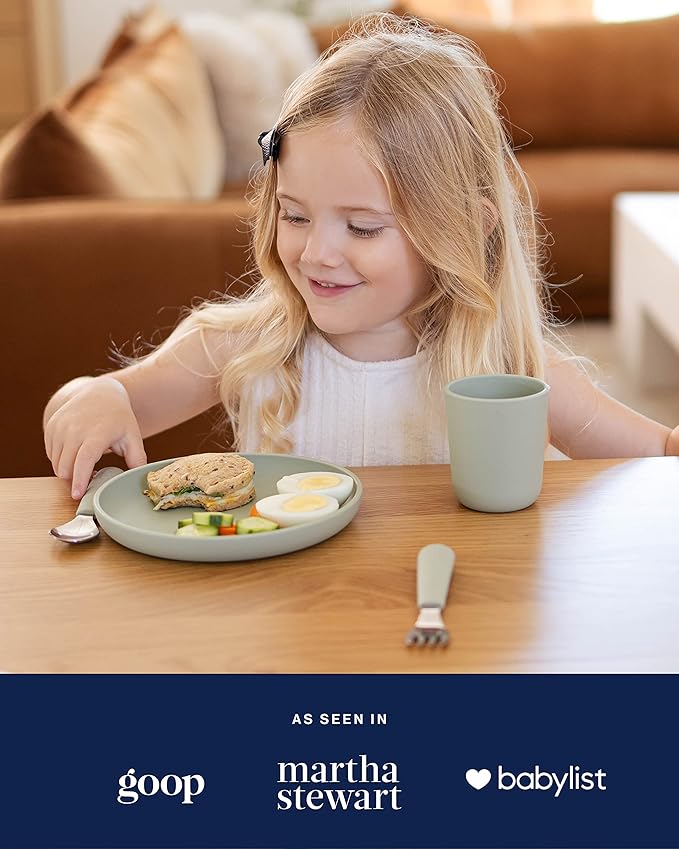 Lalo Big Bites Kids Dinnerware Starter Set - Dishwasher Safe, BPA Free, Kids Tableware Set - Includes Stackable Bowl, Plate, Utensils & Cup - 5 Pieces - Blueberry