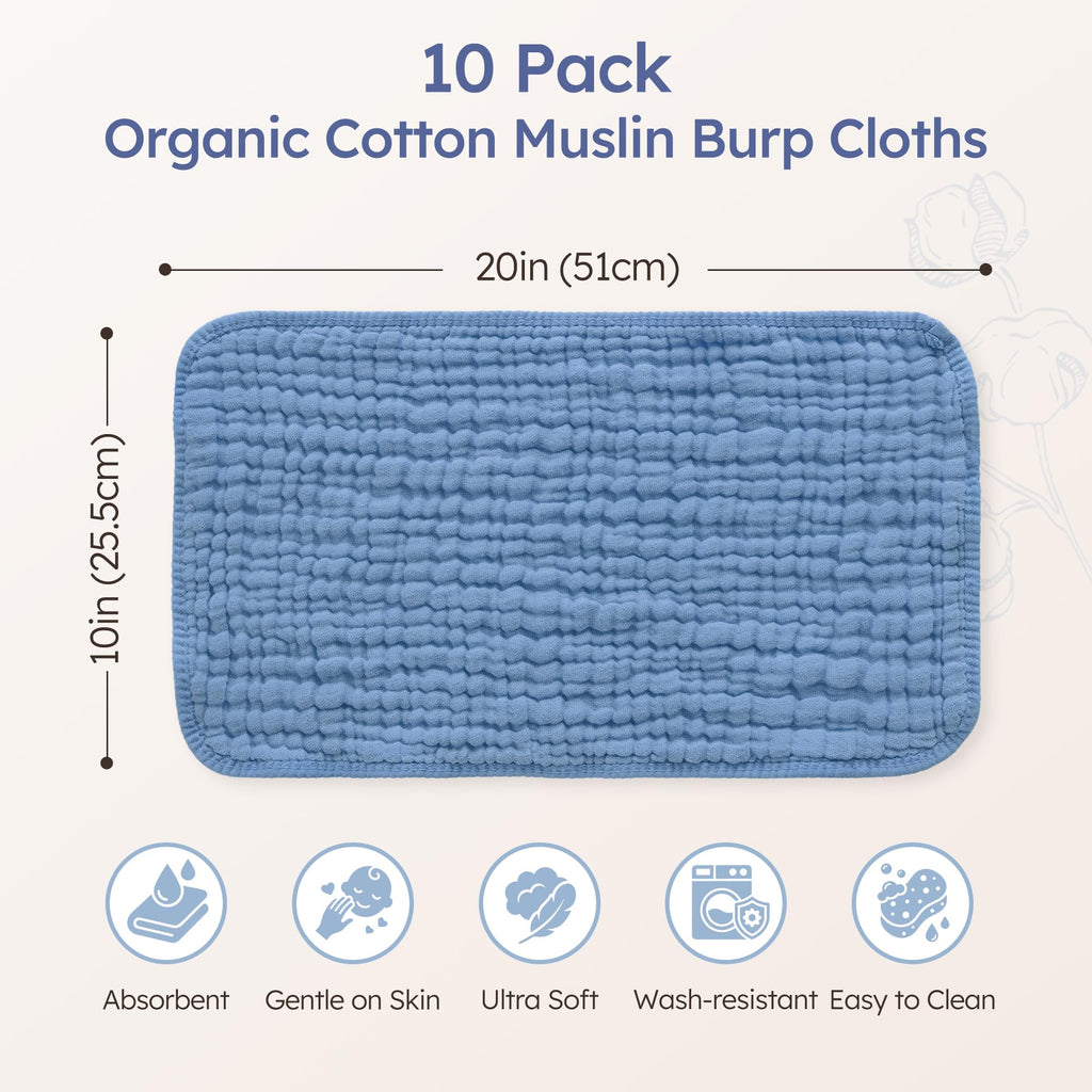 Yoofoss Muslin Burp Cloths for Baby 10 Pack 100% Cotton Baby Washcloths for Boys Girls Large 20''X10'' Super Soft and Absorbent Progressive Blue