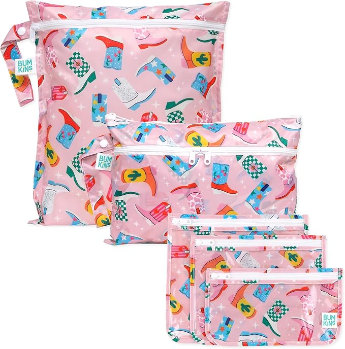Bumkins - Waterproof Wet Bag, Wet/Dry Clutch & Clear Travel Bags - For Beach, Baby, Travel, Cloth Diapers, Pump Parts, Pool, Gym, Toiletries - Reusable & Easy to Clean - Cowgirl Boots - 5 Pack