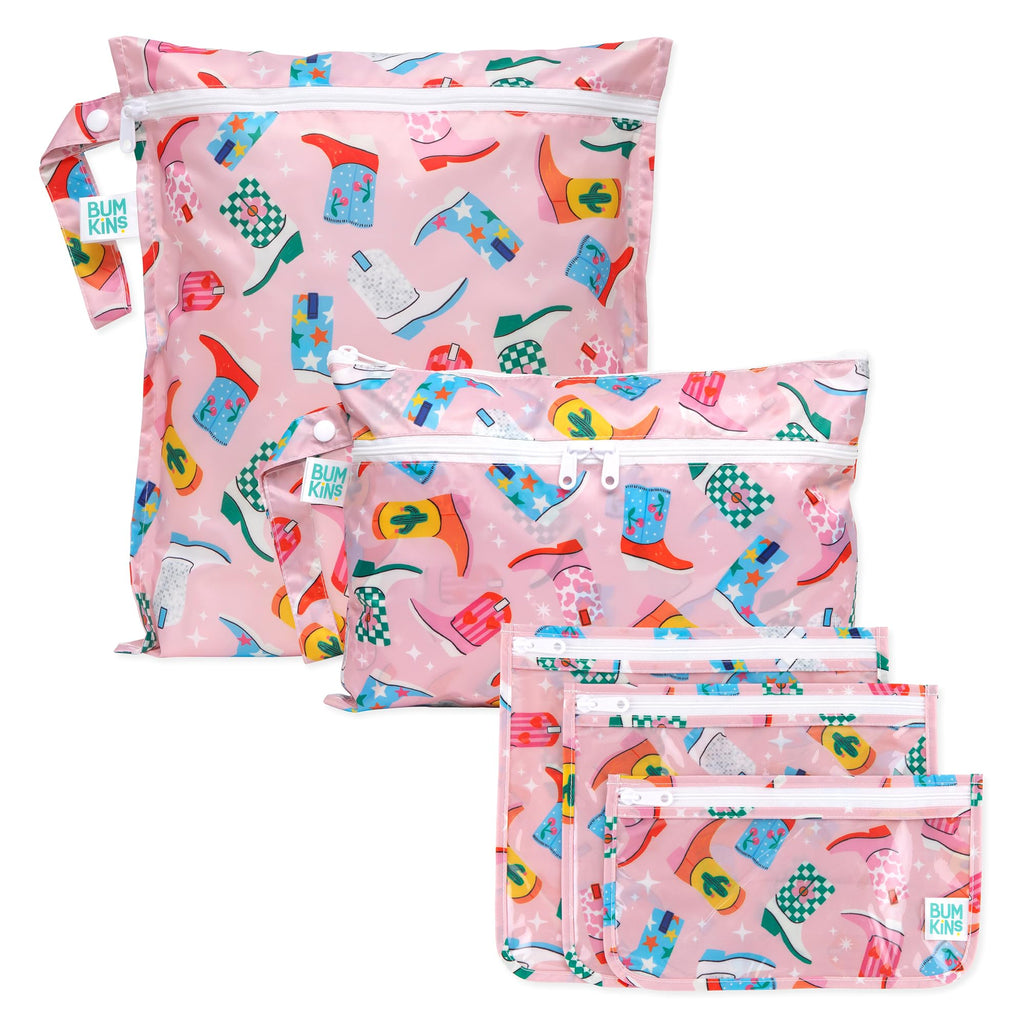Bumkins - Waterproof Wet Bag, Wet/Dry Clutch & Clear Travel Bags - For Beach, Baby, Travel, Cloth Diapers, Pump Parts, Pool, Gym, Toiletries - Reusable & Easy to Clean - Cowgirl Boots - 5 Pack