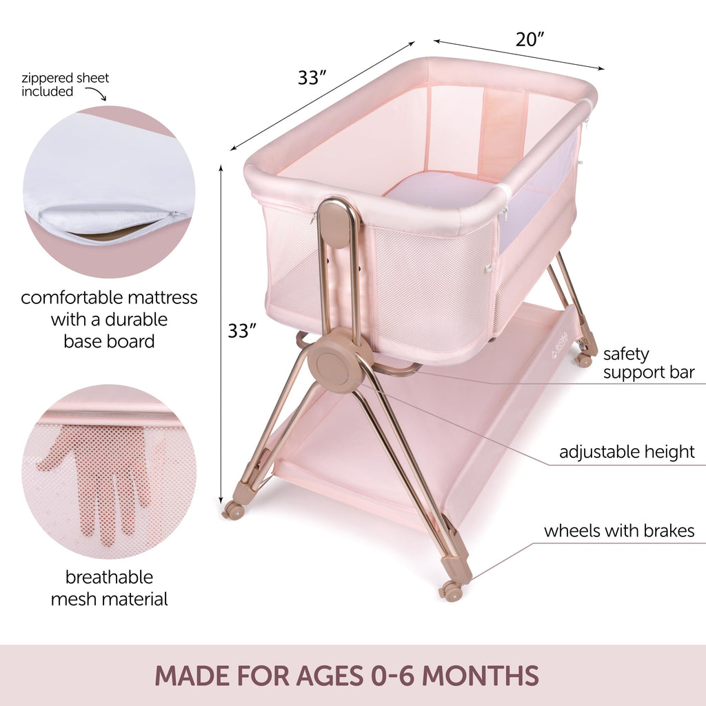 KOOLABABY Baby Bedside Sleeper - Bassinet & Bedside Crib with Height Adjustment & Wheels - Can Be Placed Next to Bed - Attaches to Parents Bed - Easy to Fold & Carry Bassinet for Girls (Pink)