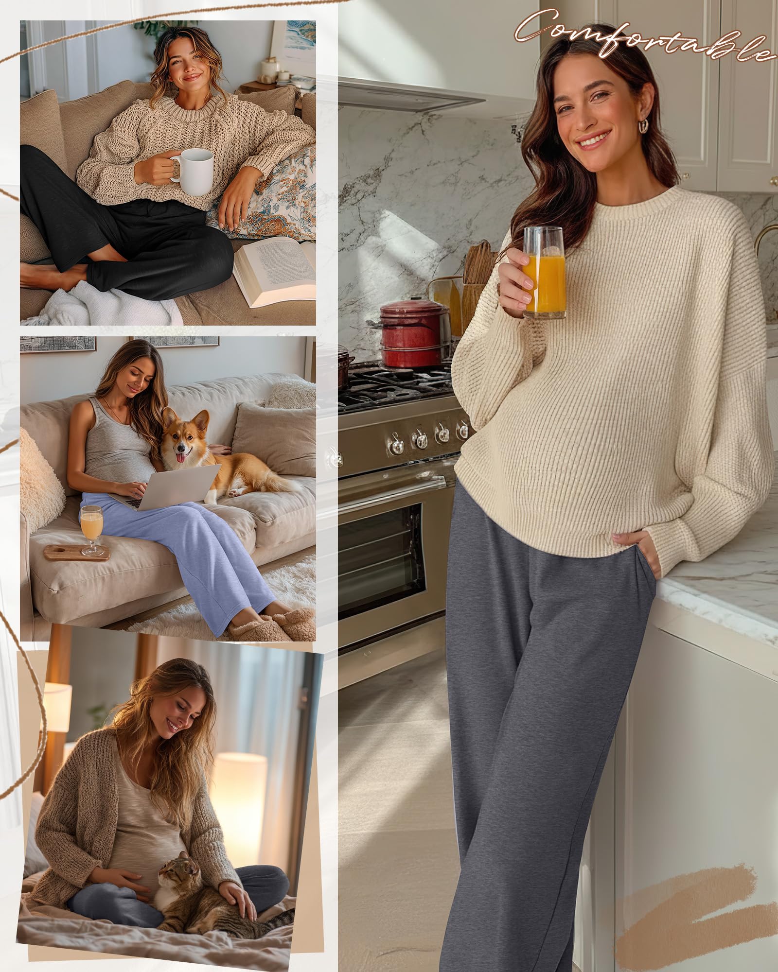 Sweetyweee 3 Pack Maternity Wide Leg Lounge Pants, 3-Color, Medium