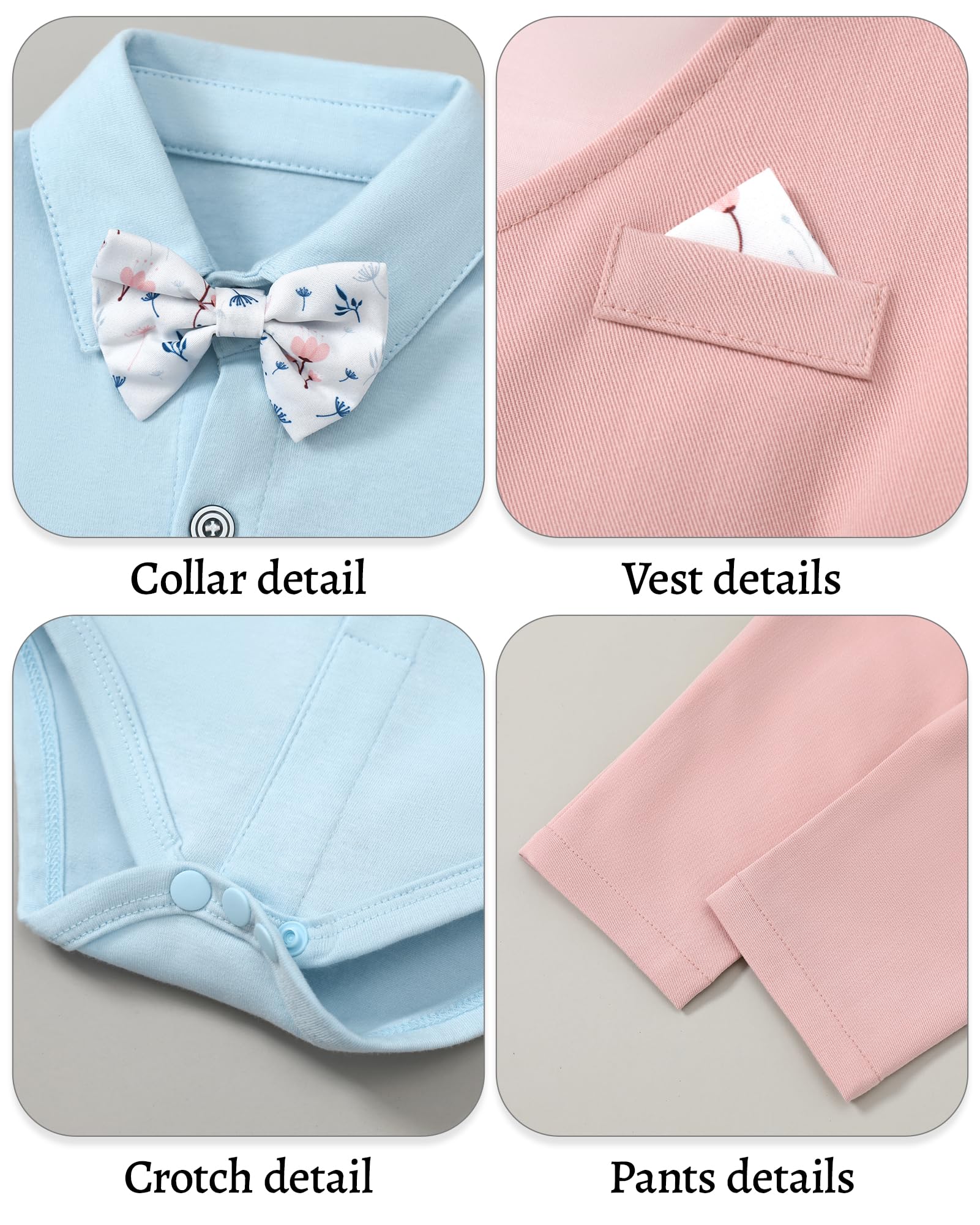 DISAUR Baby Boy Formal Outfits Short Sleeve Infant Blue Shirt Pink Vest Pants Bow Tie Baby First Halloween Outfit Boy 18 24 Months 2t