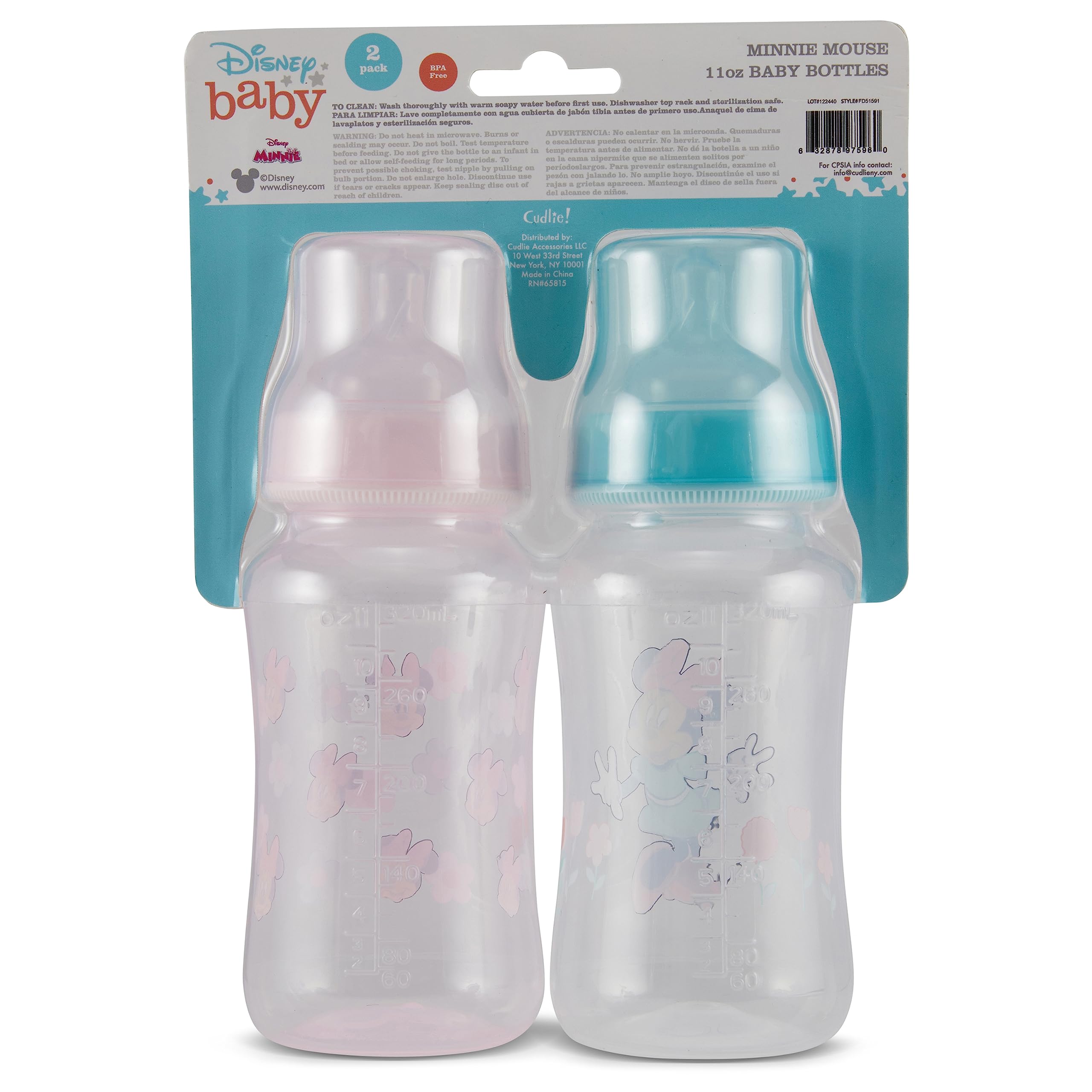 Disney Minnie Mouse Baby Bottles 11 oz for Boys or Girls | 2 Pack of Infant Hourglass Shaped Bottles with Cover for Newborns and All Babies | BPA-Free Plastic Baby Bottle for Baby Shower