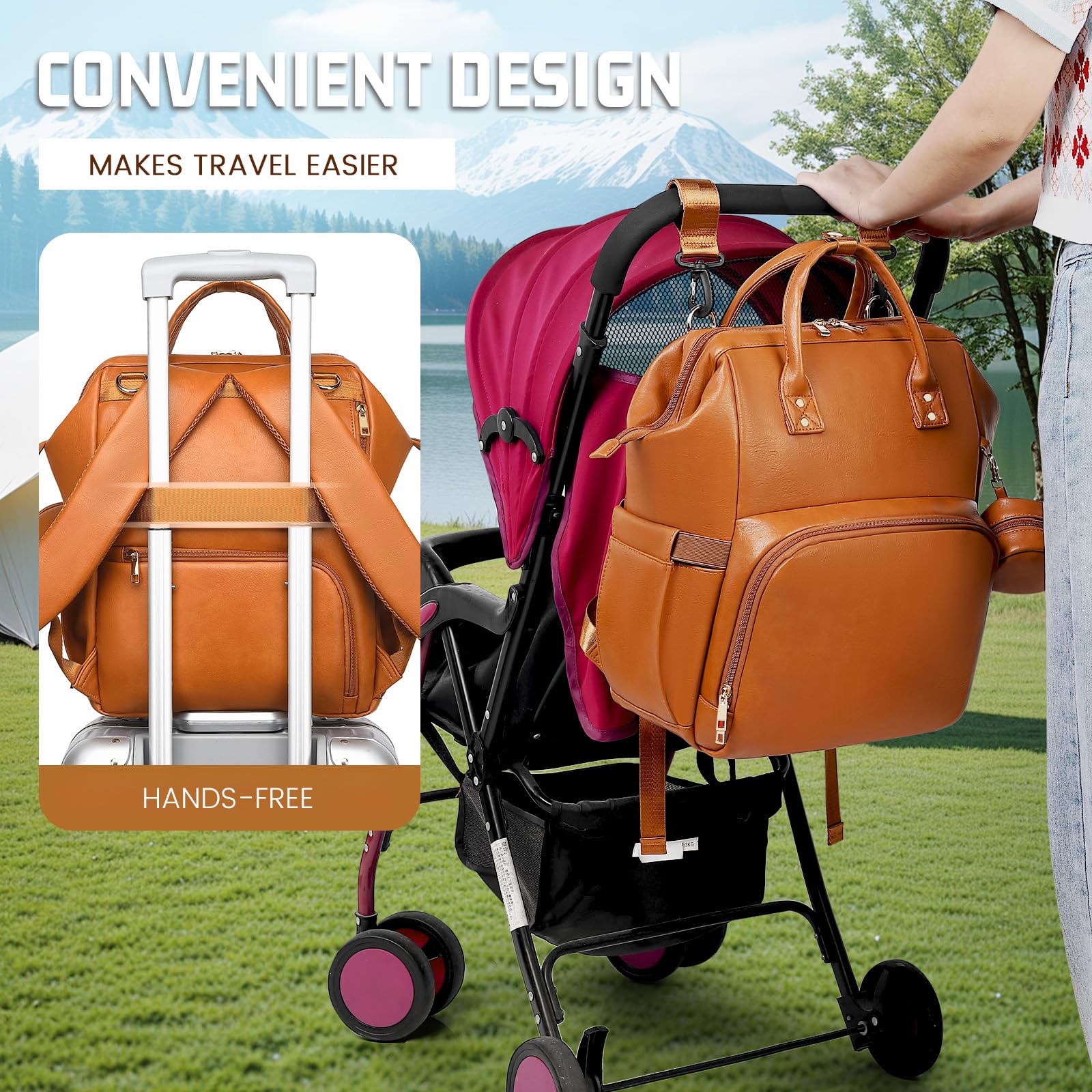 ROSEGIN Premium Vegan Leather Diaper Bag Backpack with Waterproof Changing Pad – Reinforced Stitching & Zippers, Baby Bag for Boy Girl, Stroller Straps, Ergonomic Design for Traveling Moms, Brown
