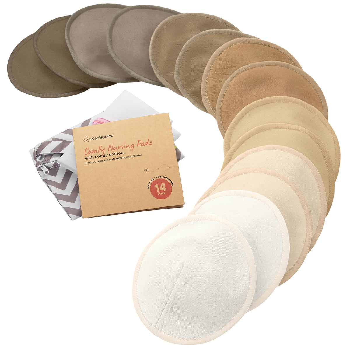 Organic Nursing Pads, 14 Washable Breast Pads,Wash Bag (Bare Beige, L 5")