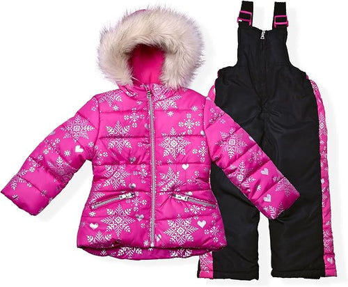 Arctic Quest Girls' Bib Snow Pants and Ski Jacket Water-Resistant Snowsuit For Kids Winter Hooded Jacket, Rose, 2T