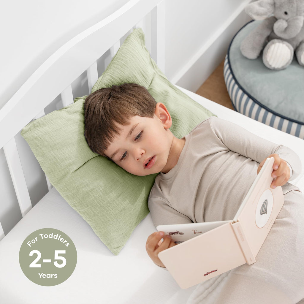 Comfy Cubs Toddler Pillow with Muslin Pillowcase, 13 x 18 in, 2 Pack - Lightweight, Breathable Microfiber Fill for Sleeping and Travel - Soft and Cozy Small Pillow for Toddlers - Sage