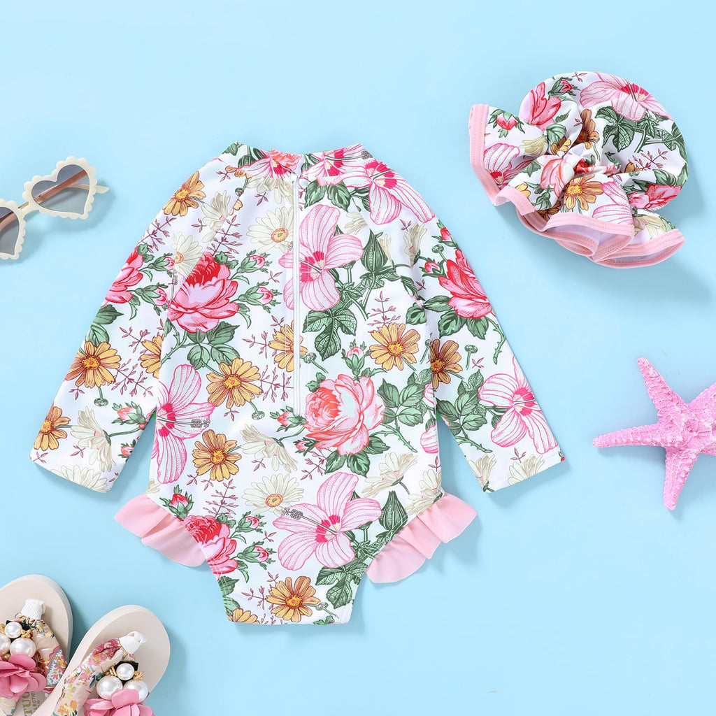 Infant Baby Girl Swimsuit One-Piece Long Sleeve Rash Guard with Hat Set Floral Zipper Bathing Suit Leopard Beach Wear(Flower 12-18 Months)
