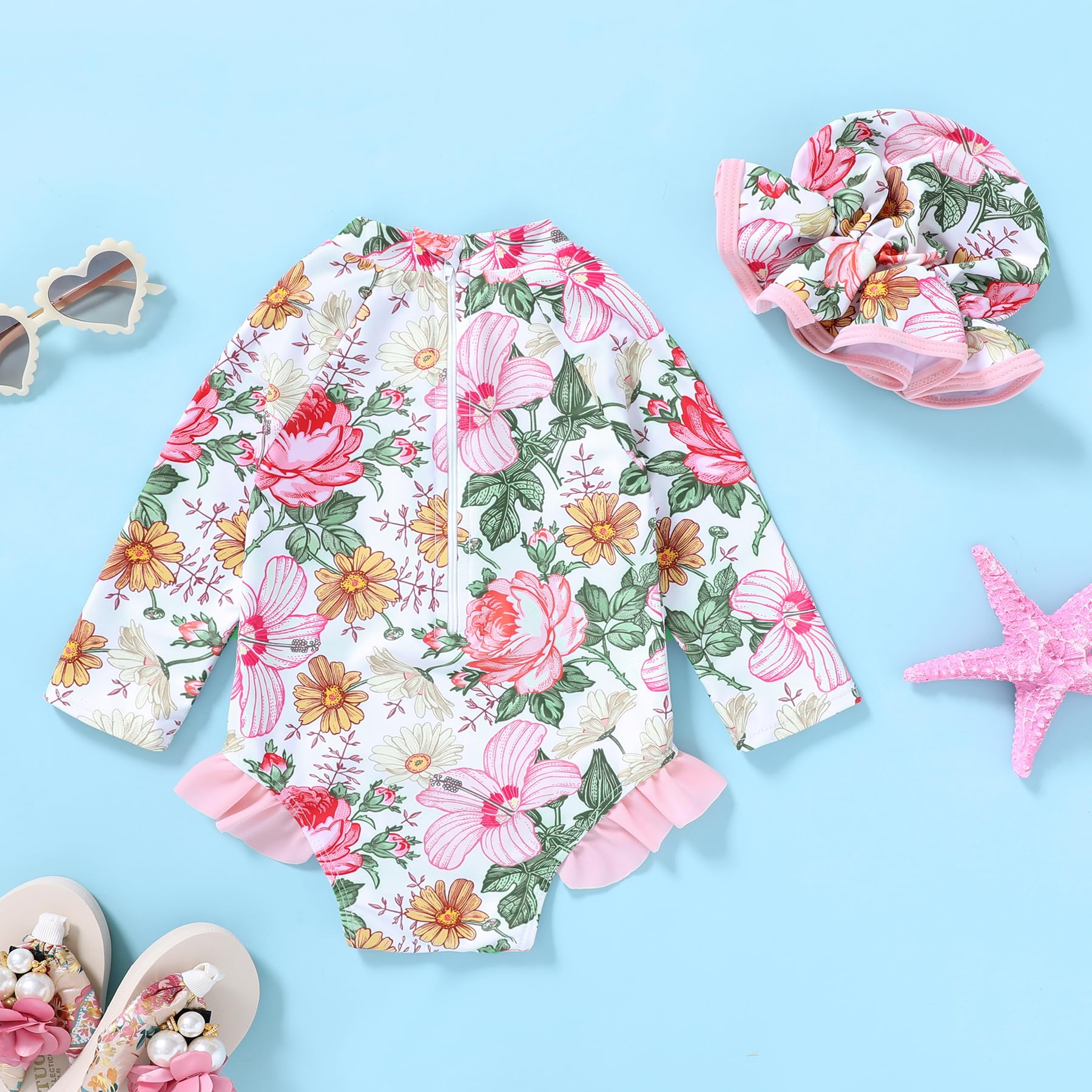 Infant Baby Girl Swimsuit One-Piece Long Sleeve Rash Guard with Hat Set Floral Zipper Bathing Suit Leopard Beach Wear(Flower 12-18 Months)