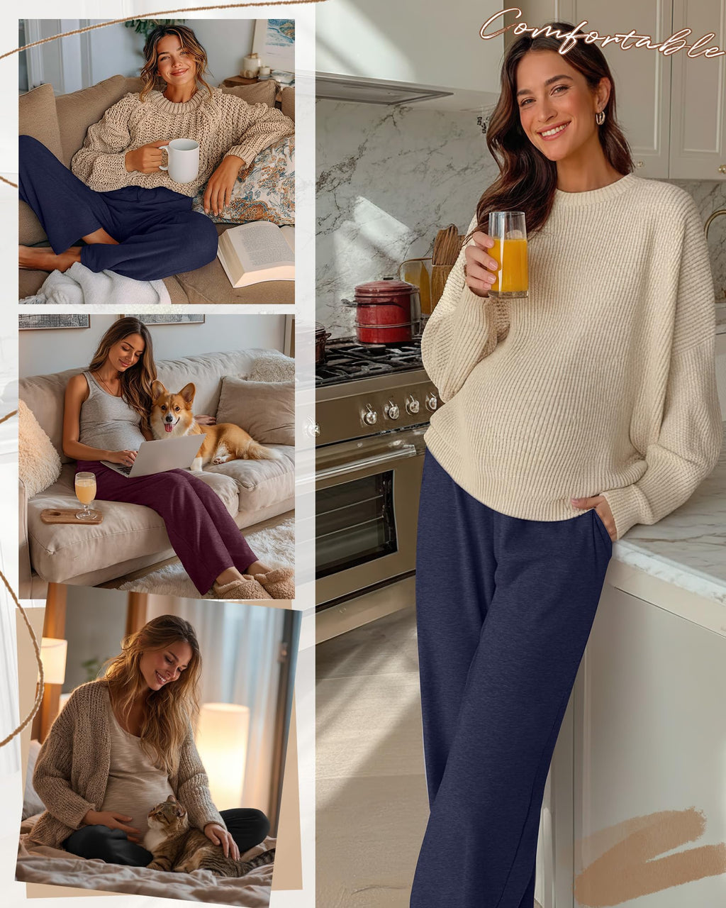 Sweetyweee 3 Pack Maternity Wide Leg Lounge Pants, 3-Color, Large