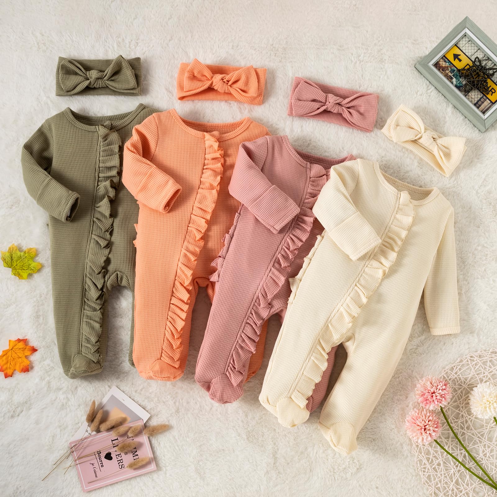 CIYCUIT Baby Girls Clothes Newborn Long Sleeve Zip Up Onesie Romper with Headband Fall Winter Outfits Beige 0-3 Months