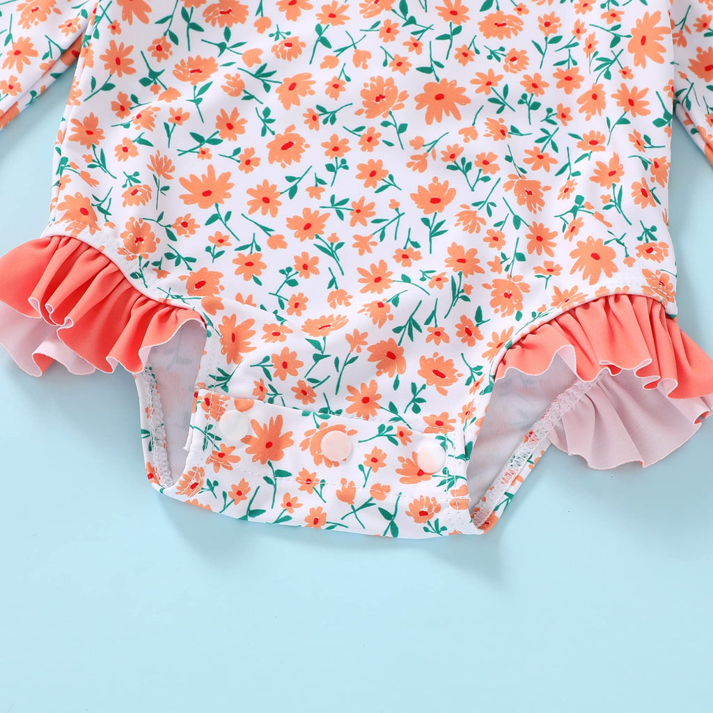 YOUNGER TREE Infant Baby Girl Swimsuit One-Piece Long Sleeve Rash Guard with Hat Set Floral Zipper Bathing Suit Leopard Beach Wear(Orange, 6-12M)