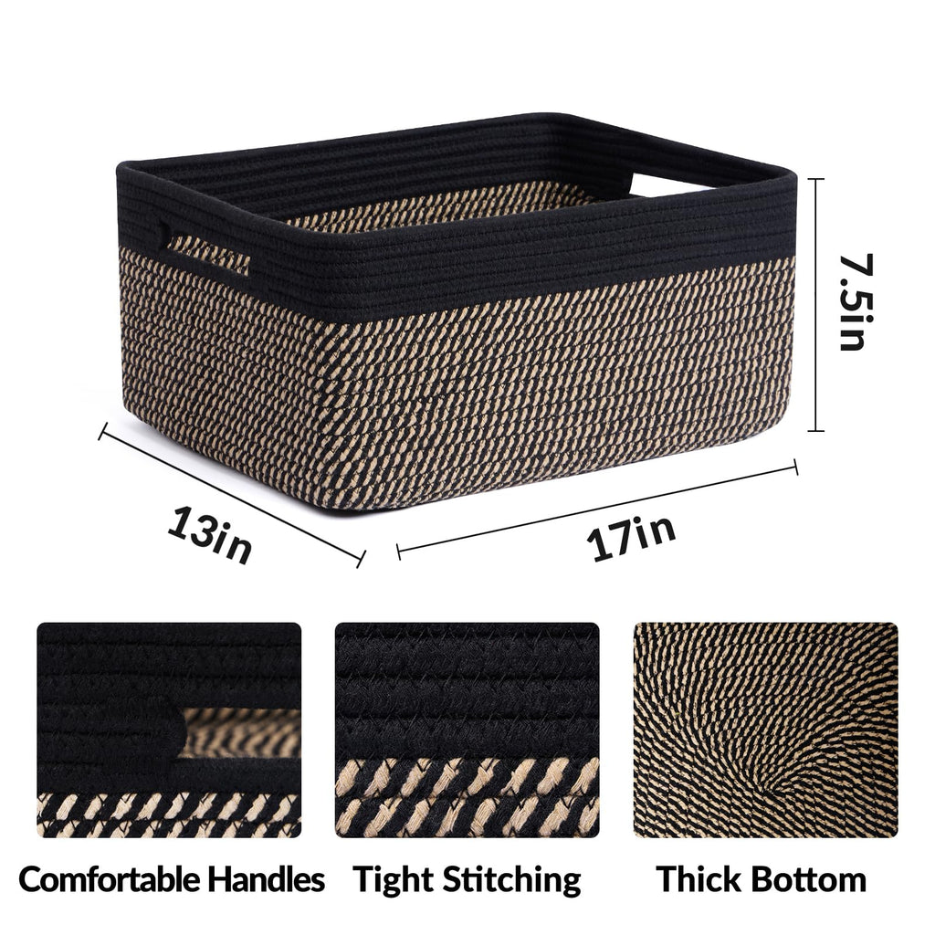 MiniArk Large Storage Baskets for Shelves, 17 x 13 x 7.5” Closet Organizers Bins for Clothes Blanket Towels, Baby Nursery, Toy Baskets Box, Woven Rope Baskets, 3 Packs Woven Brown