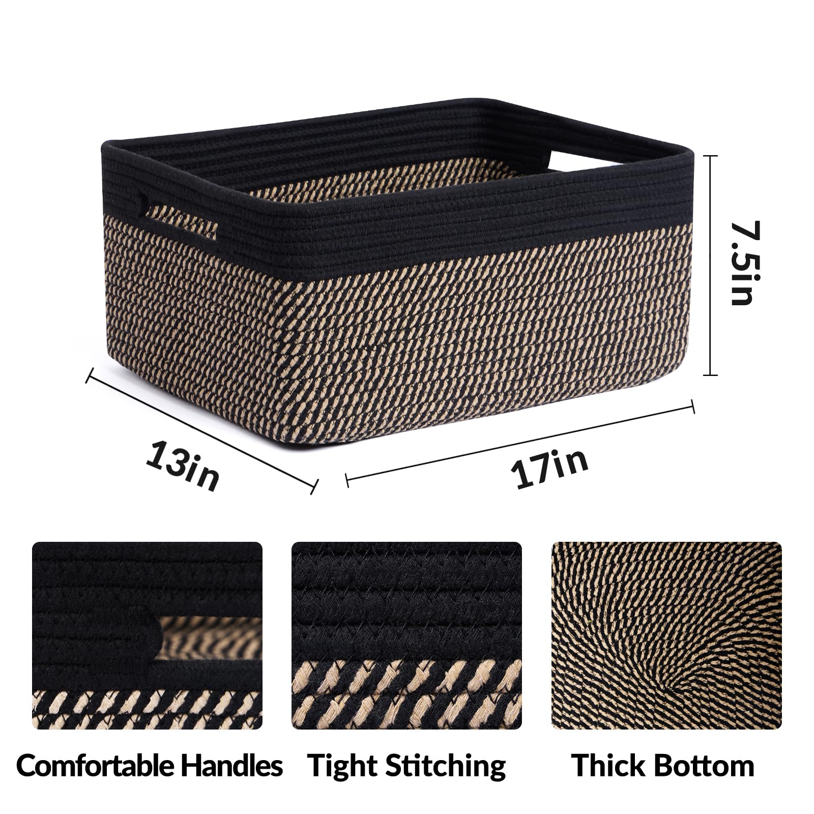 MiniArk Large Storage Baskets for Shelves, 17 x 13 x 7.5” Closet Organizers Bins for Clothes Blanket Towels, Baby Nursery, Toy Baskets Box, Woven Rope Baskets, 3 Packs Woven Brown