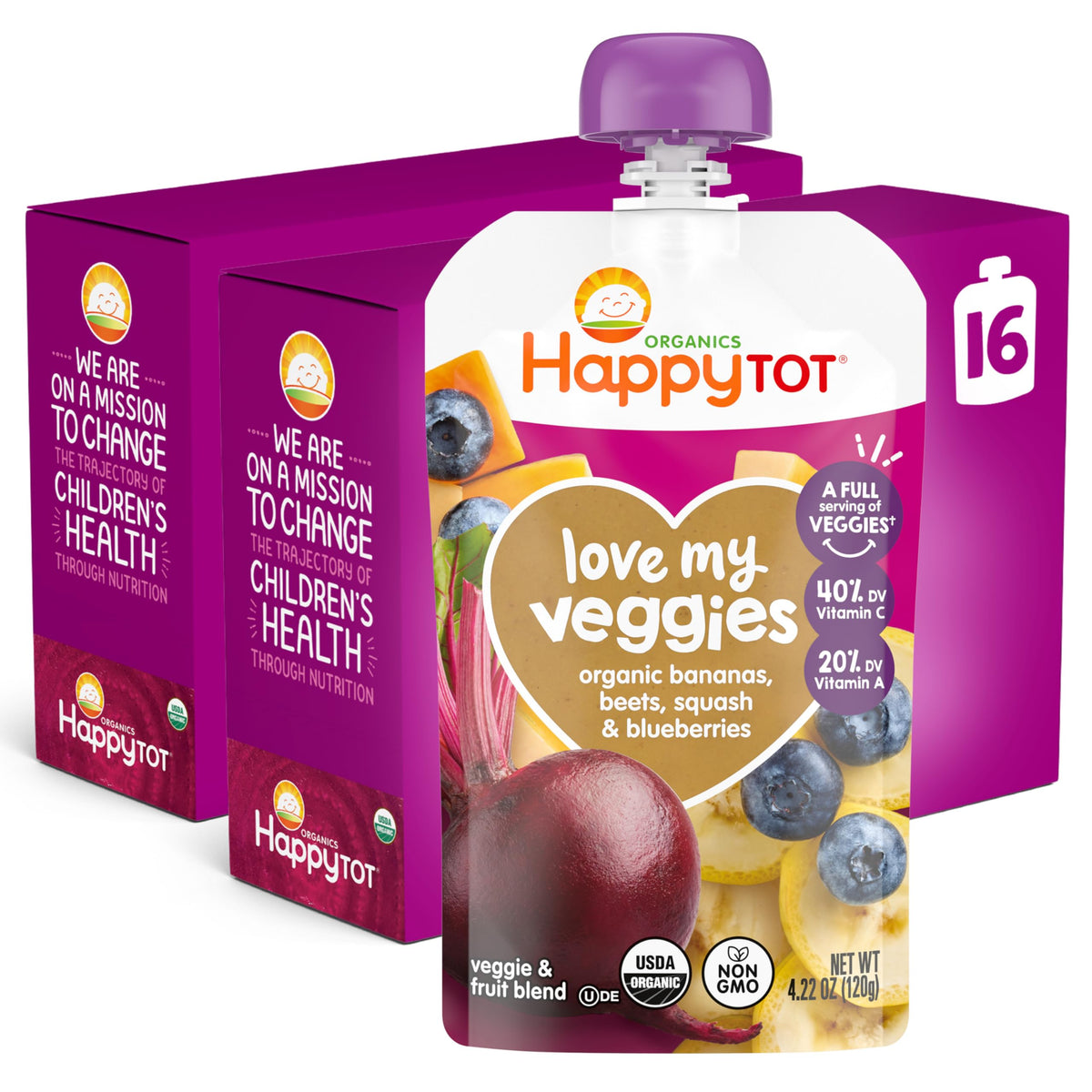 Happy Tot Organics Stage 4 Baby Food Pouches,Gluten Free, Vegan Snack, Love My Veggies, Fruit & Veggies Puree,Squash, Pumpkin & Bananas 4.22 oz Pouch (Pack of 16)