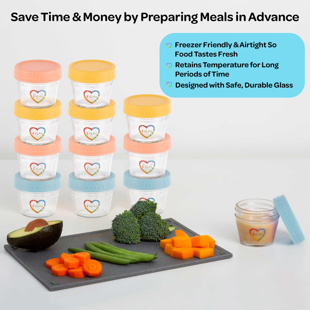 EVLA'S Baby Food Containers, 4oz Glass Jars with Lids, 12-Pack