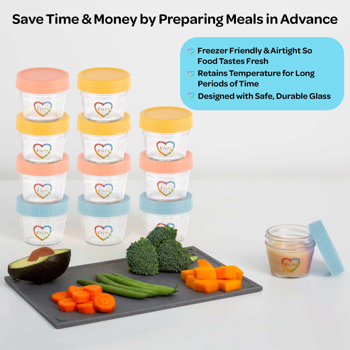 EVLA'S Baby Food Containers, 4oz Glass Jars with Lids, 12-Pack