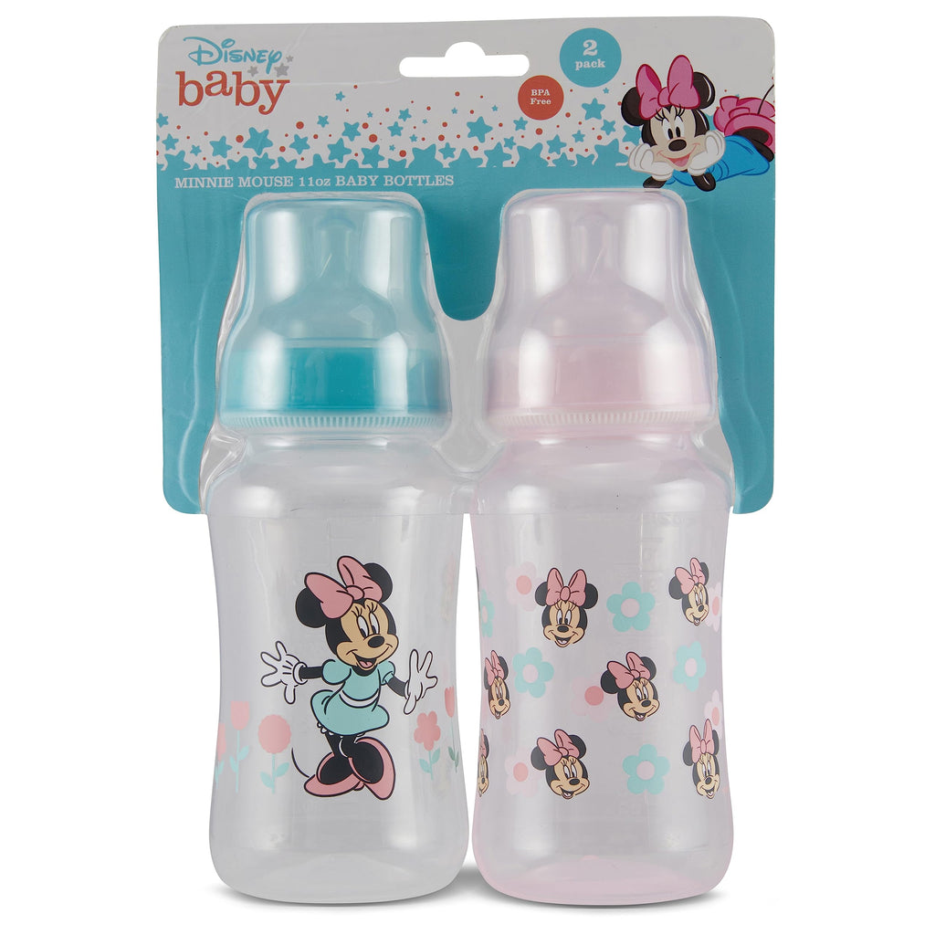 Disney Minnie Mouse Baby Bottles 11 oz for Boys or Girls | 2 Pack of Infant Hourglass Shaped Bottles with Cover for Newborns and All Babies | BPA-Free Plastic Baby Bottle for Baby Shower