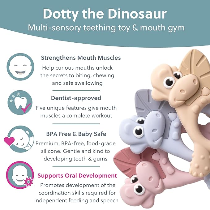 Bibado - Dotty The Dinosaur Teething Toys, Blush - Multi-Sensory Teether - BPA Free Baby Toy - Strengthen Mouth Muscles & Learn Feeding - Dentist Approved - Baby Essentials & Baby Toys - 3 Months+