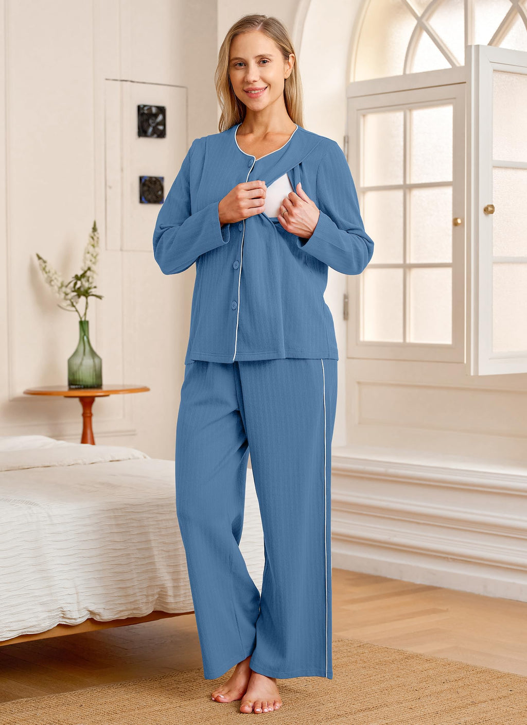 OUGES Maternity Nursing Pajamas Lounge Sets Postpartum Outfits for Women 100% Cotton Blue Button Down V Neck Breastfeeding Sleepwear Set Maternity Clothes Top & Long Pants with Pockets(Blue,XL)