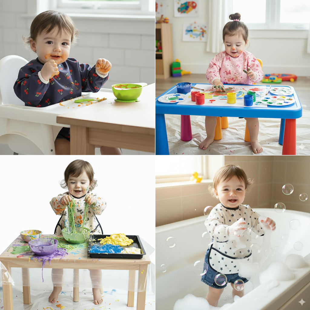 Plie Long Sleeve Waterproof Bib for Toddlers – Soft Feeding Smock for Baby Mealtime, Self-Feeding, Painting & Messy Play, BPA-Free, Easy Clean (6–24 Months) - Pink/Butterfly