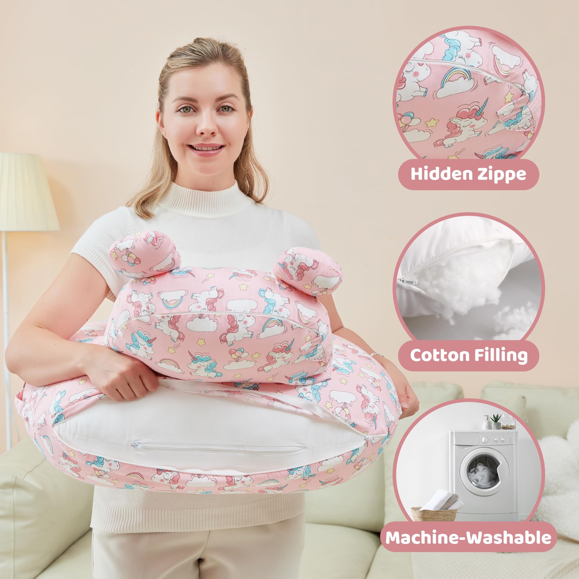 lasoftan Nursing Pillow for Breastfeeding, Breast Feeding Pillow for Mom Support, Adjustable Waist Strap and Removable Cotton Cover, Unicorn