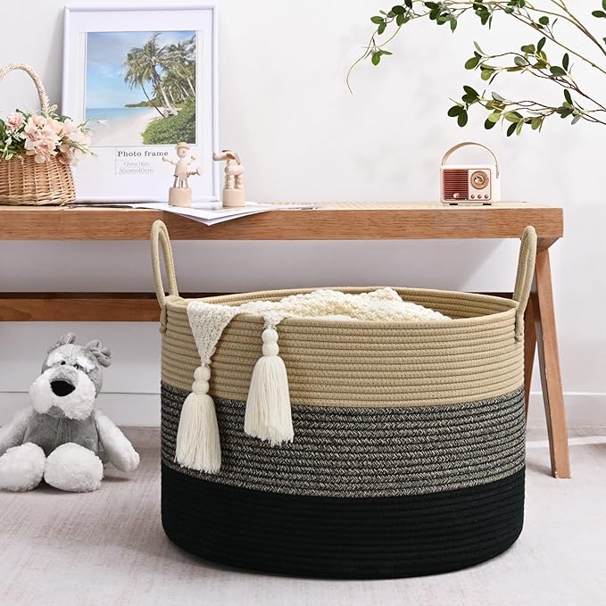 67L Storage Basket for Organizing, 20"×13" Large Laundry Baskets, Cotton Rope Woven Blanket Basket, Toy Storage for Kids, Collapsible Blankets Storage for Living Room, Nursery Room