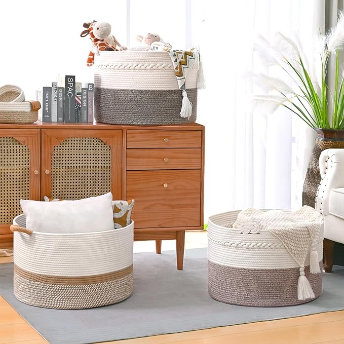 67L Large Blanket Basket, 20"x13" Woven Storage Baskets With Handle, Cotton Rope Blanket Basket Living Room, Baby Laundry hamper for Blanket, Nursery, Toy, Pillow (White & Grey)